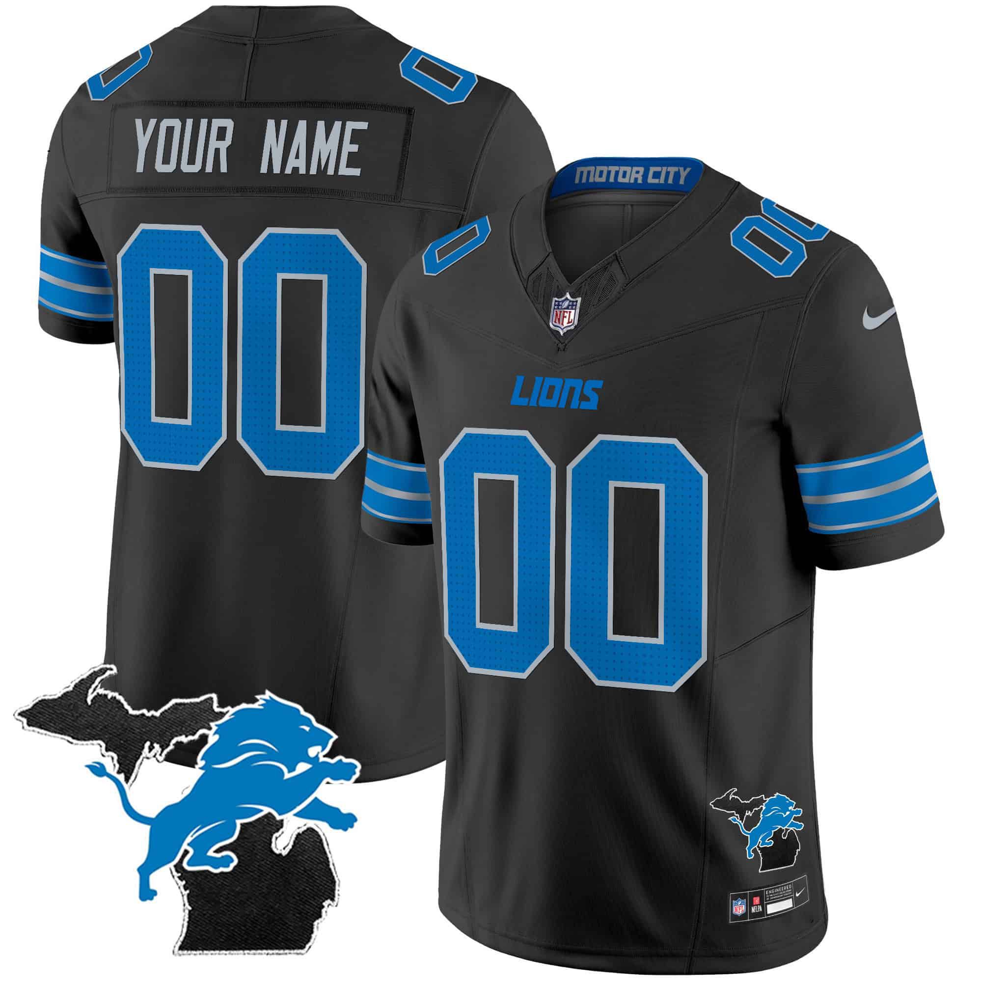 Men Detroit Lions Black 2024 Nike Michigan Patch Vapor Limited Custom NFL Jersey style 1